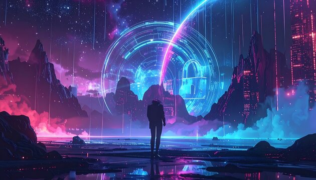 Person standing in futuristic neon landscape.