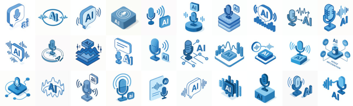isometric vector icon Voice recognition and speech AI blue color