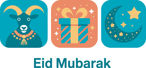 Eid mubarak holiday card with goat gift crescent moon and star icons holy day decorative vector design for Eid al Adha greetings, cultural celebration posters and social media festive templates. © sahadat