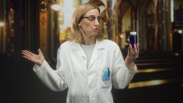 Middle aged blonde woman doctor wearing glasses and white lab coat holds a blue medicine bottle and shrugs in an ornate church interior; medical uncertainty.