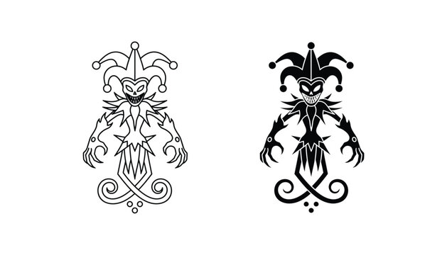 Evil jester character icon set in outline and solid black style for dark fantasy and circus horror graphic projects