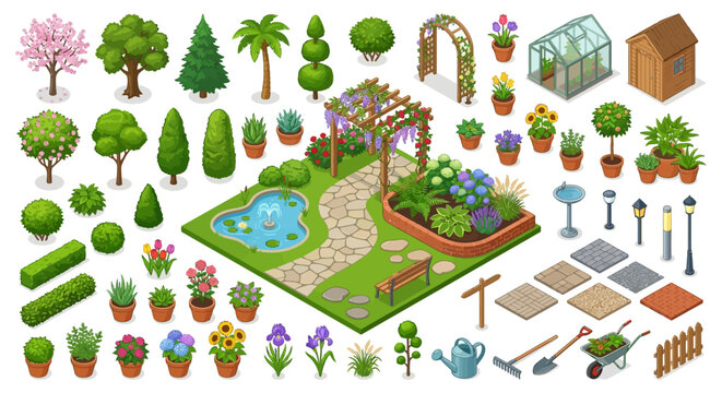 isometric garden elements set with trees flowers and decorative structures