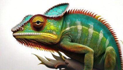 Naklejka premium Vibrant Chameleon with Intricate Scales and Crest Detailed Close-Up.