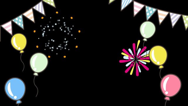 Pastel Party Frame Animation Horizontal with Alpha Channel, Bunting, Balloons and Fireworks, Cute 2D Celebration Overlay