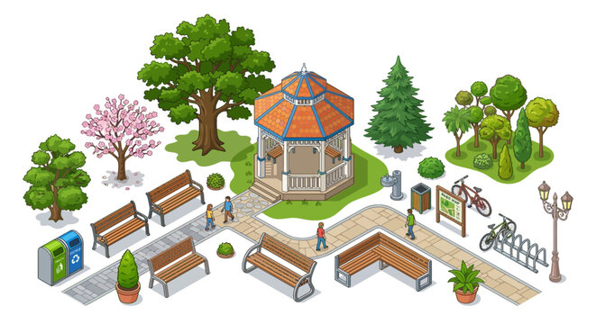 Isometric park scene with gazebo benches and trees on white background