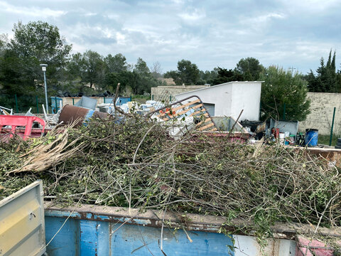 a container full of garden waste at a recycling facility