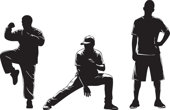 Dynamic human silhouettes collection, martial arts stance, dance movement, casual standing pose, expressive body language illustration, flat vector illustration