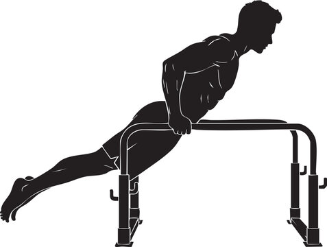 Dip exercise silhouette illustration, parallel bars workout, upper body strength training, chest triceps shoulders fitness concept, flat vector illustrationDip exercise silhouette illustration, p