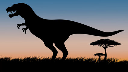 tyrannosaurus rex on safari at sunset, color vector illustration © OMIA