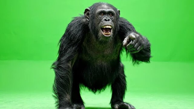 Realistic chimpanzee laughing and pointing finger in mockery on green screen