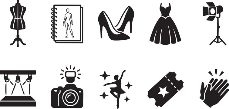 Flat vector illustration of fashion industry icons, modeling silhouettes, photography equipment, runway stage, creative design elements, performance art symbols, entertainment graphics