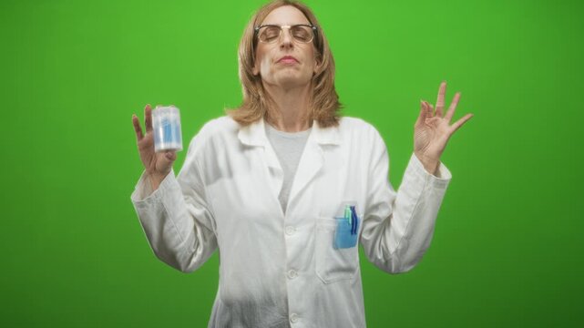 Woman doctor in lab coat with glasses holding a container of swabs, eyes closed and making ok hand gesture in studio, pocket pens visible; calm wellness.