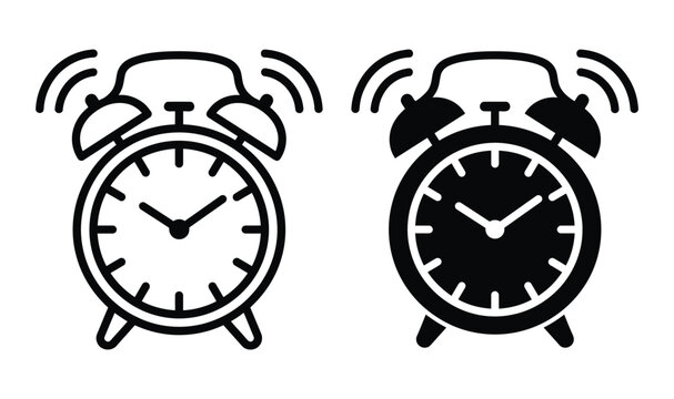 Black and white alarm clock icons ringing