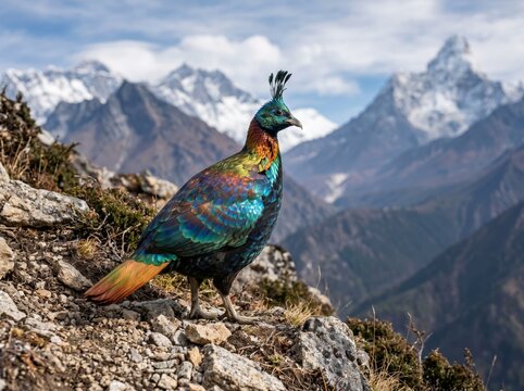 Himalayan Monal Pheasant Perched on Rocky Ledge with Majestic Snow-Capped Mountains in Background.
