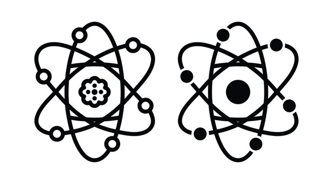 Black and white atom icons with electrons
