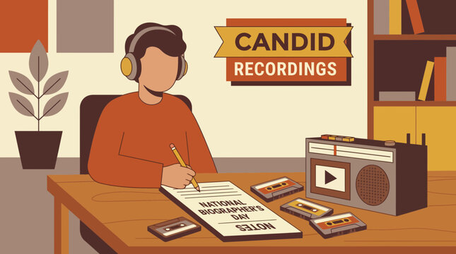 Biographer taking notes from candid audio recordings illustration