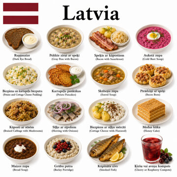  En la imagen se presentan los platos m&aacute;s famosos de la cocina letona como rupjmaize, pelēkie zirņi y sklandrausis, destacando sabores tradicionales y recetas aut&eacute;nticas de Letonia.
