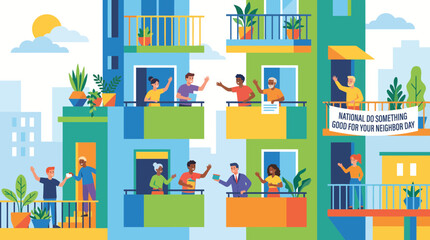 Fototapeta premium Diverse Neighbors Interacting on Colorful Apartment Balconies