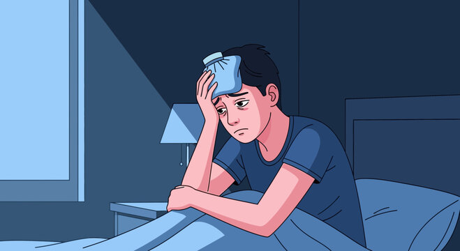 A Young Man Suffering From Headache in Bed at Night Depicting Discomfort and Illness