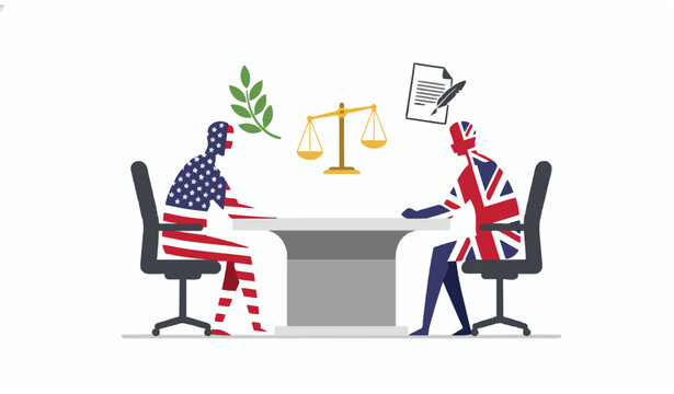 United States and United Kingdom peace negotiation concept vector with flags diplomatic arbitration meeting illustration