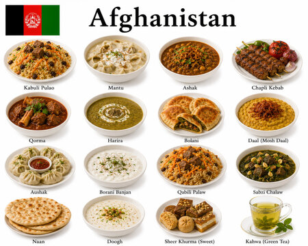 En la imagen se presentan los platos m&aacute;s famosos de la cocina afgana como kabuli pulao, mantu, bolani y chapli kebab, destacando sabores arom&aacute;ticos y recetas tradicionales de Afganist&aacute;n.
