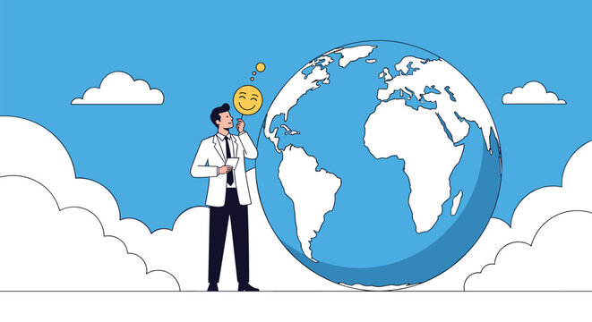 Professional man holding a happy smiley face mask while standing next to a large blue globe, symbolizing global customer satisfaction.