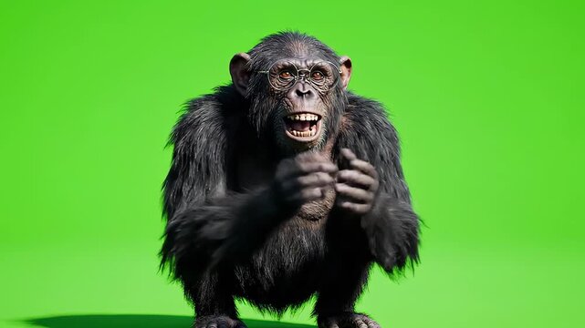 Chimpanzee with glasses yelling on green screen