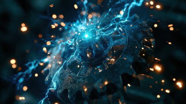 Close up of a metallic industrial gear wheel emitting bright blue electrical lightning bolts and glowing orange sparks in a dark high energy mechanical environment