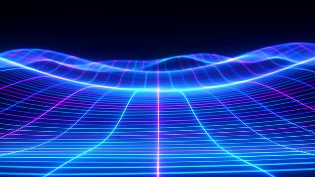Bright Glowing Waves And Silhouettes. Vivid Digital Horizon With Pulsating Colorful Lines And Shapes