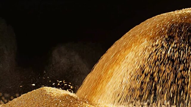 Sand pouring from large pile onto smaller pile at night