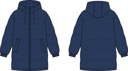 Navy blue hooded puffer coat vector mockup featuring front and back views with quilted padding and zipper for winter apparel branding and outerwear clothing designs © Suchana