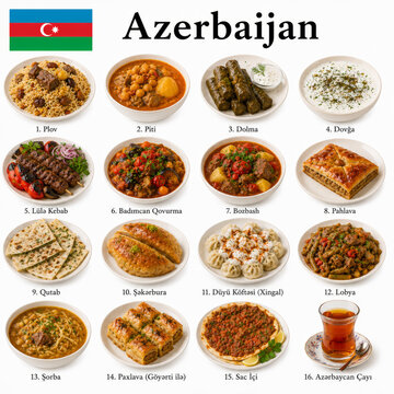 En la imagen se presentan los platos m&aacute;s famosos de la cocina azerbaiyana como plov, dolma, kebab y dushbara, destacando sabores tradicionales del C&aacute;ucaso y recetas aut&eacute;nticas de Azerbaiy&aacute;n.
