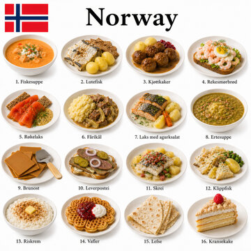  En la imagen se presentan los platos m&aacute;s famosos de la cocina noruega como f&aring;rik&aring;l, rakfisk, lefse y kj&oslash;ttkaker, representando la tradici&oacute;n culinaria escandinava de Noruega.

