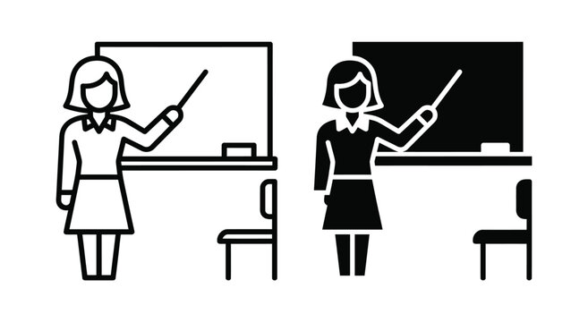 Two women teachers pointing at blackboards