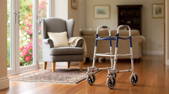 Walker with wheels stands in comfortable living room next to armchair, suggesting support for elderly individuals. High quality photo