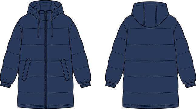 Navy blue hooded puffer coat vector mockup featuring front and back views with quilted padding and zipper for winter apparel branding and outerwear clothing designs