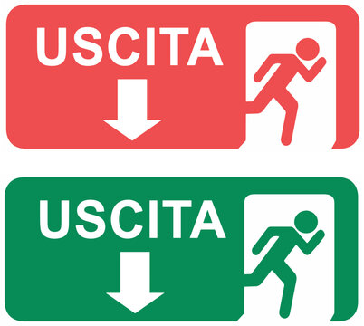 Illustrazione vettoriale di cartelli per uscite di emergenza verdi e rossi con simboli di sicurezza e direzione. Ideale per segnaletica, edifici pubblici, sicurezza sul lavoro e design informativo.