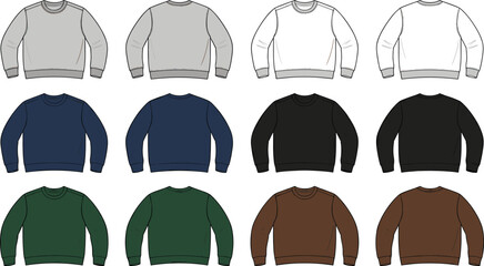 Blank crewneck sweatshirt vector mockup collection featuring front and back views in grey white navy black green and brown for apparel branding and clothing design © Suchana