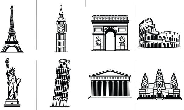 World famous landmark collection featuring eiffel tower big ben arc de triomphe colosseum statue of liberty leaning tower of pisa and parthenon for travel designs
