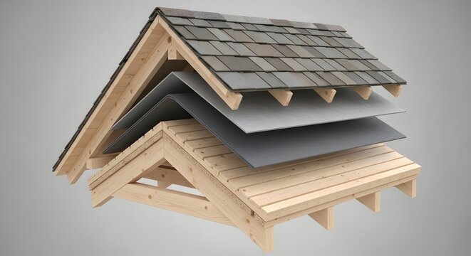 Exploded view of residential roofing layers showing wooden trusses decking and asphalt roof shingles.
