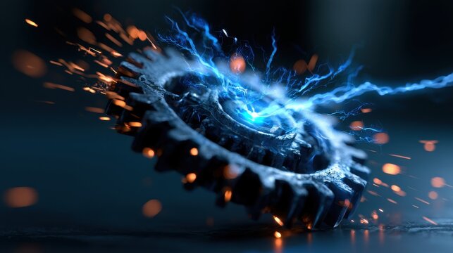 Single metal gear spinning with bright blue electrical discharge and flying orange sparks in a dark industrial environment captured in a high speed macro photography shot