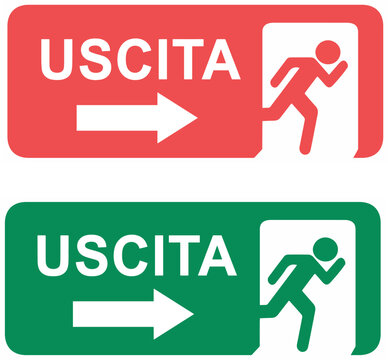 Illustrazione vettoriale di cartelli per uscite di emergenza verdi e rossi con simboli di sicurezza e direzione. Ideale per segnaletica, edifici pubblici, sicurezza sul lavoro e design informativo.
