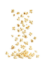 Obraz premium Flying popcorn pieces falling in midair isolated on white background, dynamic snack food motion concept with scattered buttery kernels and copy space for advertising or packaging design
