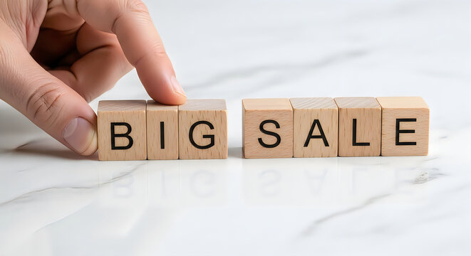 Hand arranging wooden blocks spelling big sale