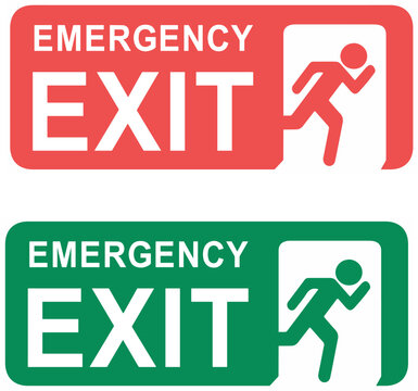 Illustrazione vettoriale di cartelli per uscite di emergenza verdi e rossi con simboli di sicurezza e direzione. Ideale per segnaletica, edifici pubblici, sicurezza sul lavoro e design informativo.
