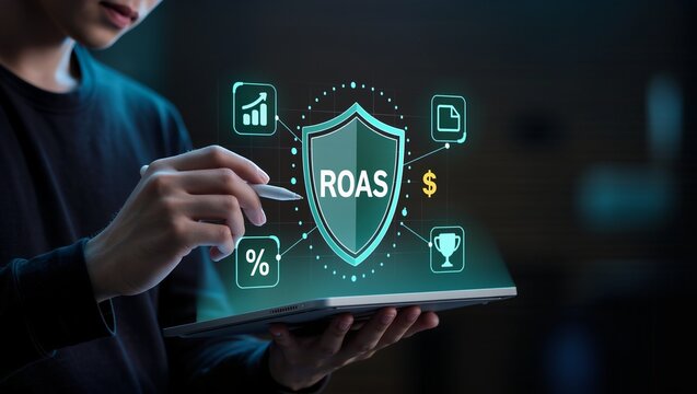 Businessman holding tablet with digital shield displaying ROAS and financial growth icons concept