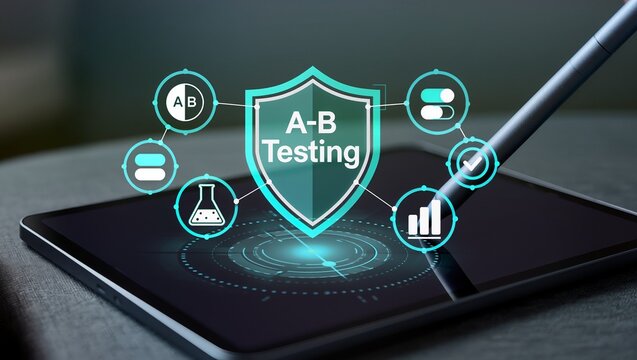 Close up digital pen interacting with tablet displaying A B testing concept for experiment and data