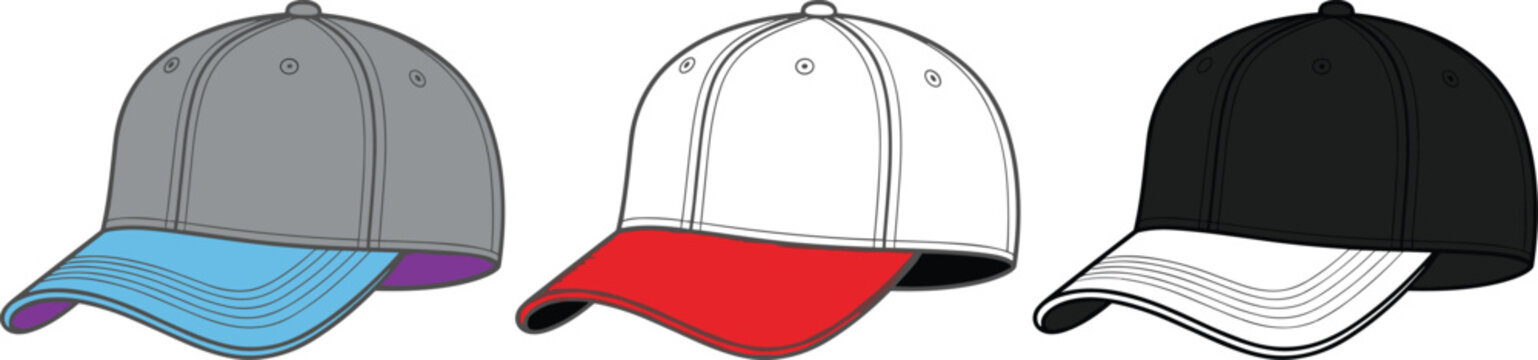 Baseball cap vector mockup set featuring two tone color designs in side profile view for sports apparel branding headwear fashion and merchandise designs