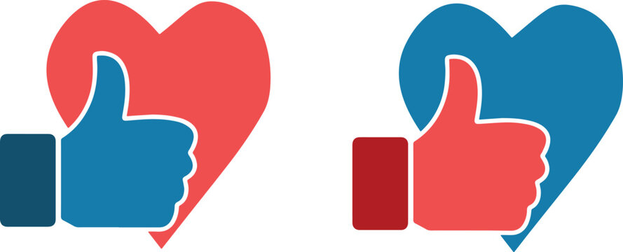Illustrazione vettoriale di una mano con pollice in su davanti a un cuore rosso e uno azzurro, simbolo di approvazione, emozioni positive, amore e connessione sociale. Ideale per social media e comuni