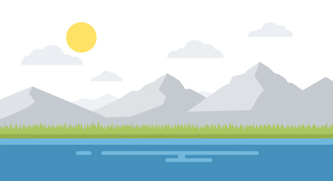 Flat design mountain landscape with sun and lake
